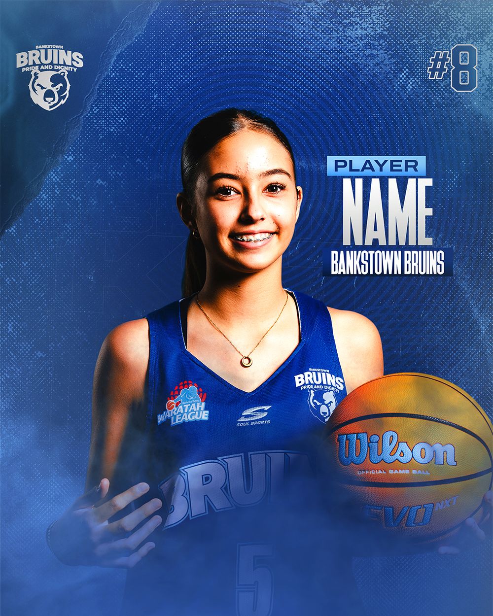 Bankstown Bruins player #8 in blue uniform holding a Wilson basketball for a professional team promotional photo.