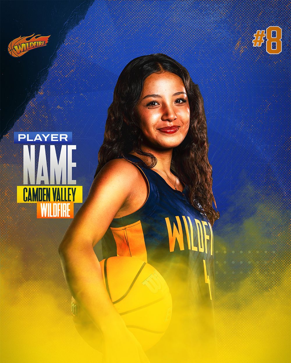Camden Valley Wildfire player #8 promotional basketball card with blue and yellow design.