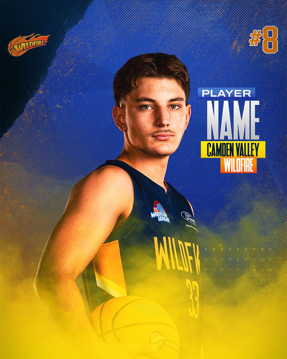 Camden Valley Wildfire basketball player #8 poses in blue and gold uniform for a professional team promotional graphic.
