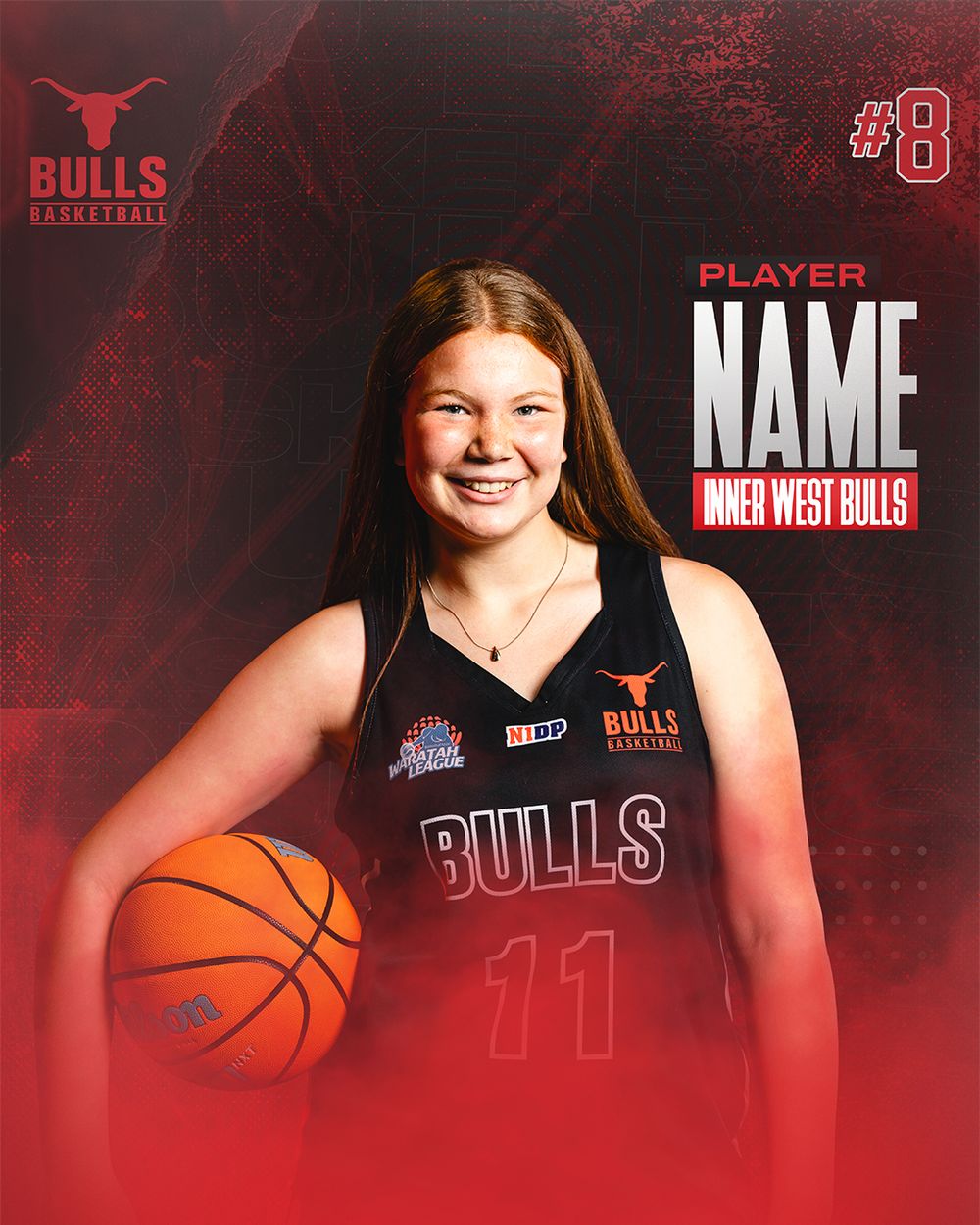 Young female basketball player in Bulls jersey #11 poses with basketball for Inner West Bulls team photo.