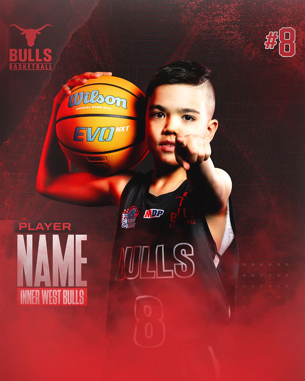 Young boy in Bulls basketball jersey holding a Wilson EVO ball, promotional sports photo with red design.
