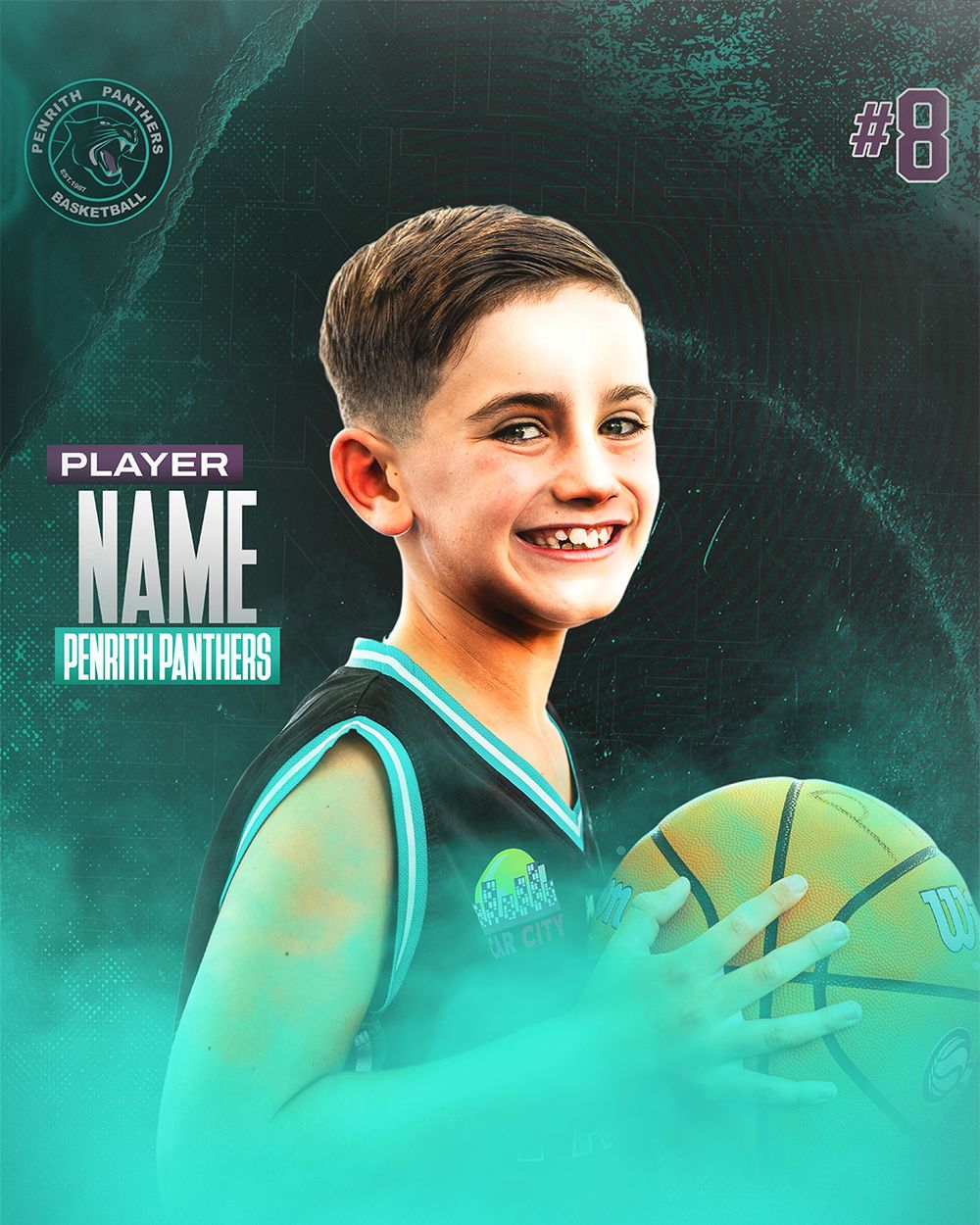 Young boy in Penrith Panthers basketball jersey holding ball, player number 8 promotional sports card.