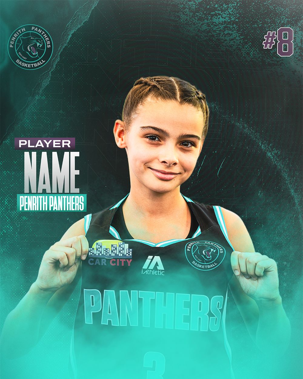 Young basketball player in Penrith Panthers teal jersey, number 8, posing confidently for official team photo.