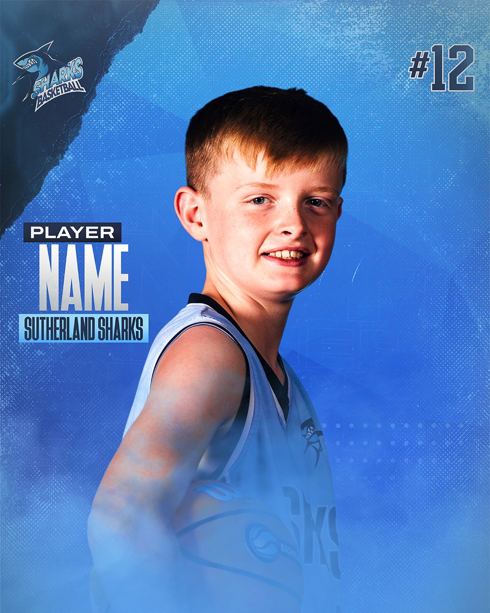 Young basketball player #12 in Sutherland Sharks uniform smiling for team photo on blue background.