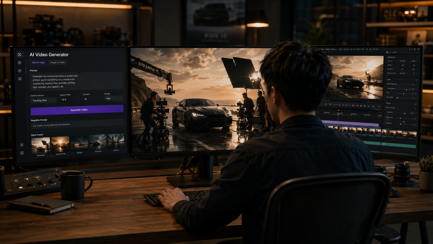 A video editor works at a dual-monitor setup editing an AI-generated car scene in a dark, moody studio workspace.