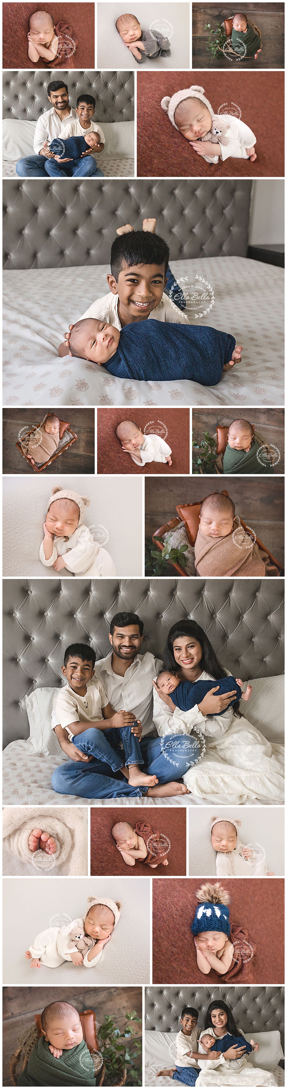 Newborn photography collage featuring a baby with family, siblings, and solo poses on soft backdrops in warm tones.
