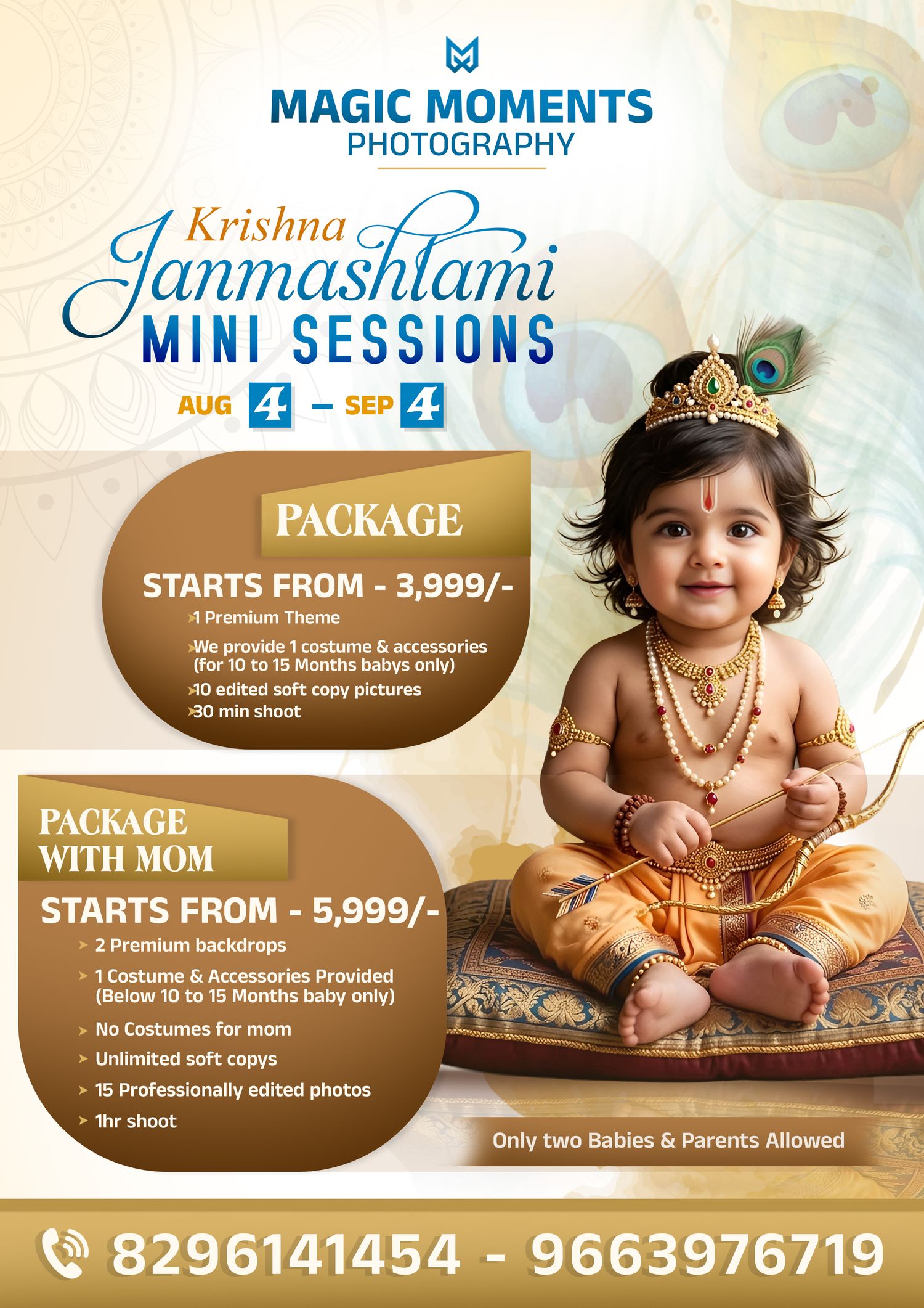 Magic Moments Photography Krishna Janmashtami mini sessions promotional flyer with baby dressed as Lord Krishna.