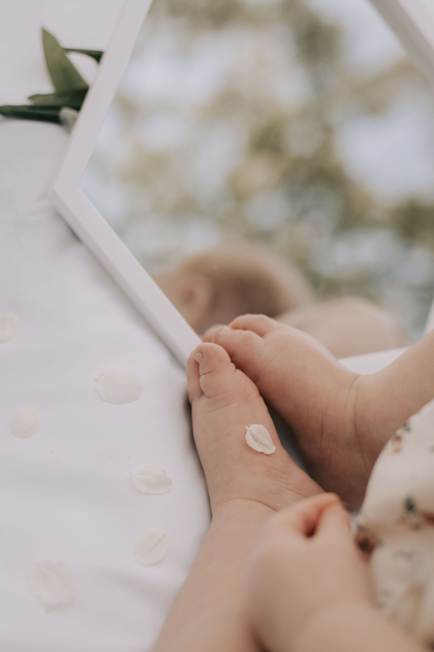 Close-up of soft baby feet resting on a white surface with delicate flower petals and a white frame outdoors.