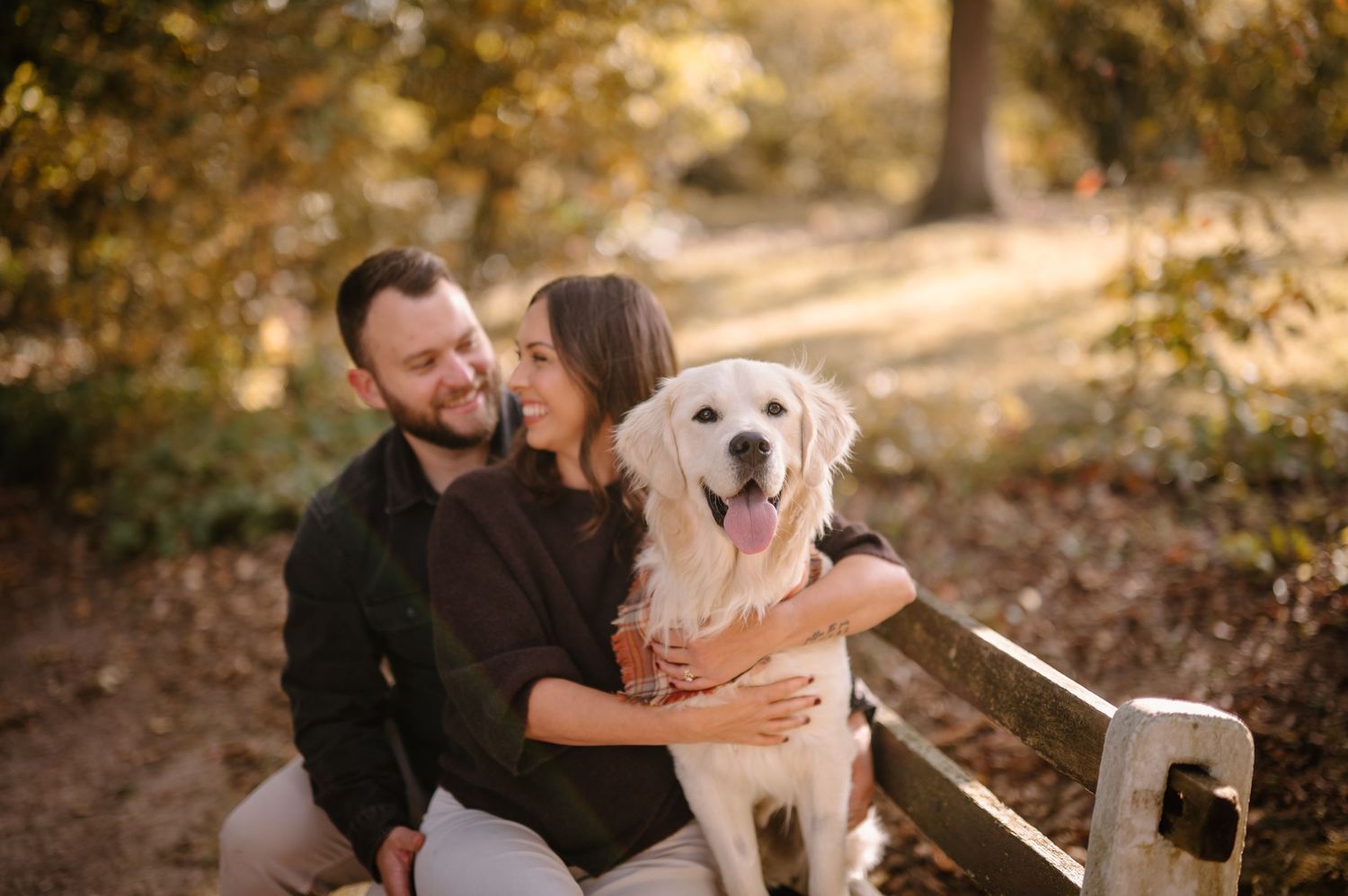 Couple sitting on a bench with a white Labrador Retriever in a sunny autumn park setting.
