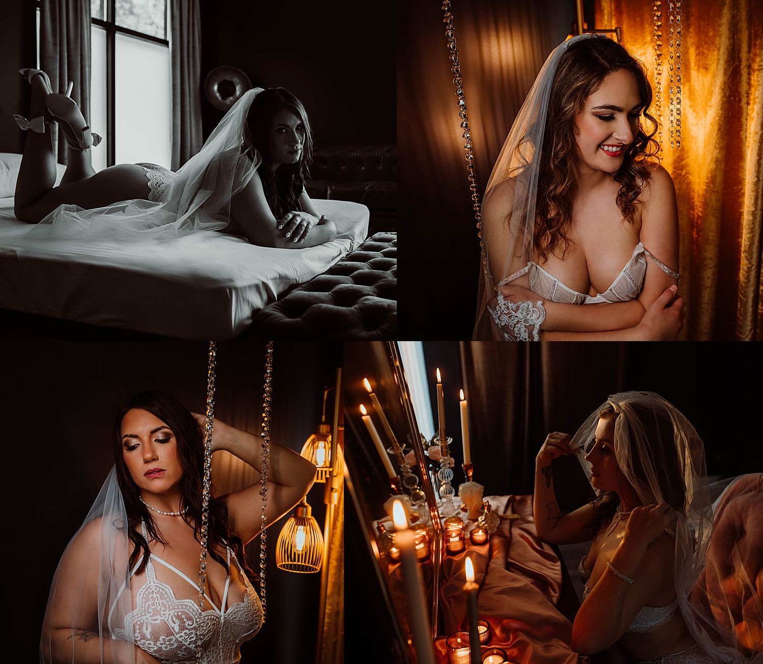 bride sits under candles and crystals for moody session at studio with Boudoir by KJ