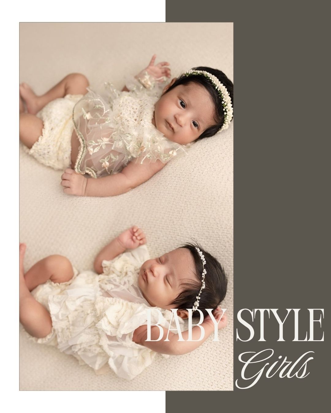 Two baby girls in ivory lace rompers and pearl headbands posed together for a baby style girls photo shoot.