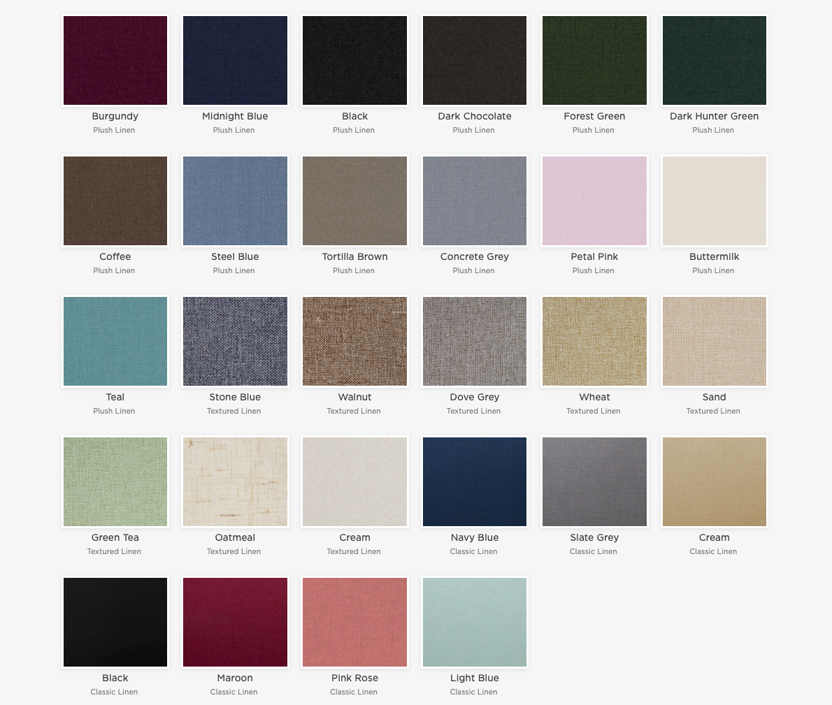 A fabric color swatch chart displaying 28 upholstery options including burgundy, navy, green, gray, and neutral tones.