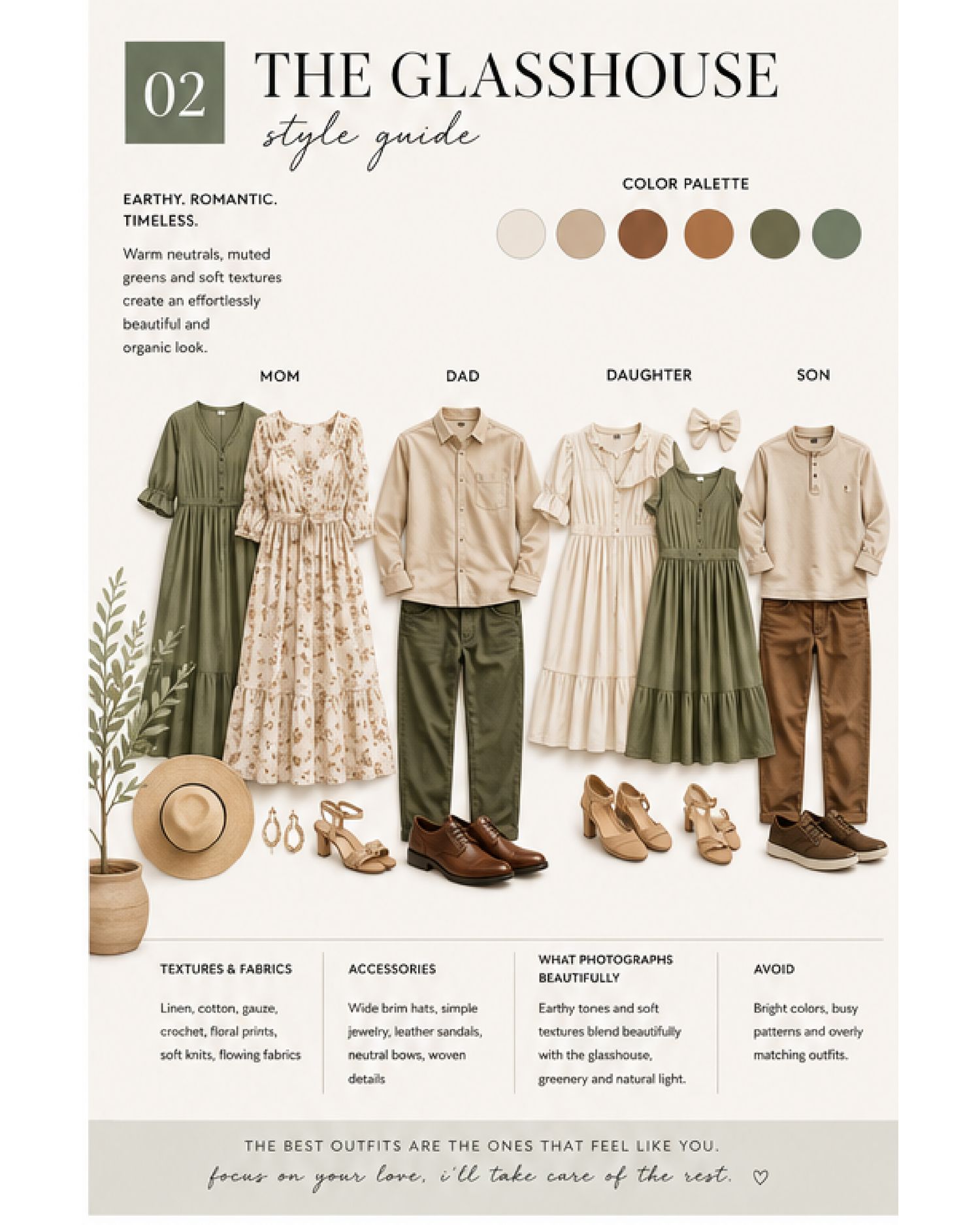 Earthy-toned family photo style guide featuring coordinated outfits in greens and neutrals for mom, dad, daughter, and son.