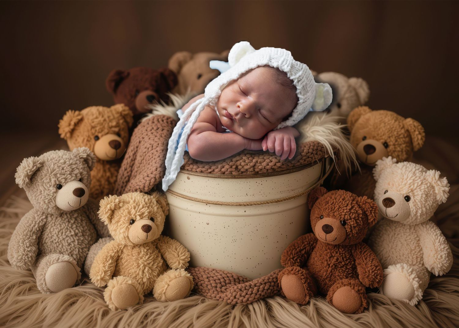 Newborn baby sleeping in a bucket surrounded by teddy bears, wearing a white knit bonnet in a studio photo.