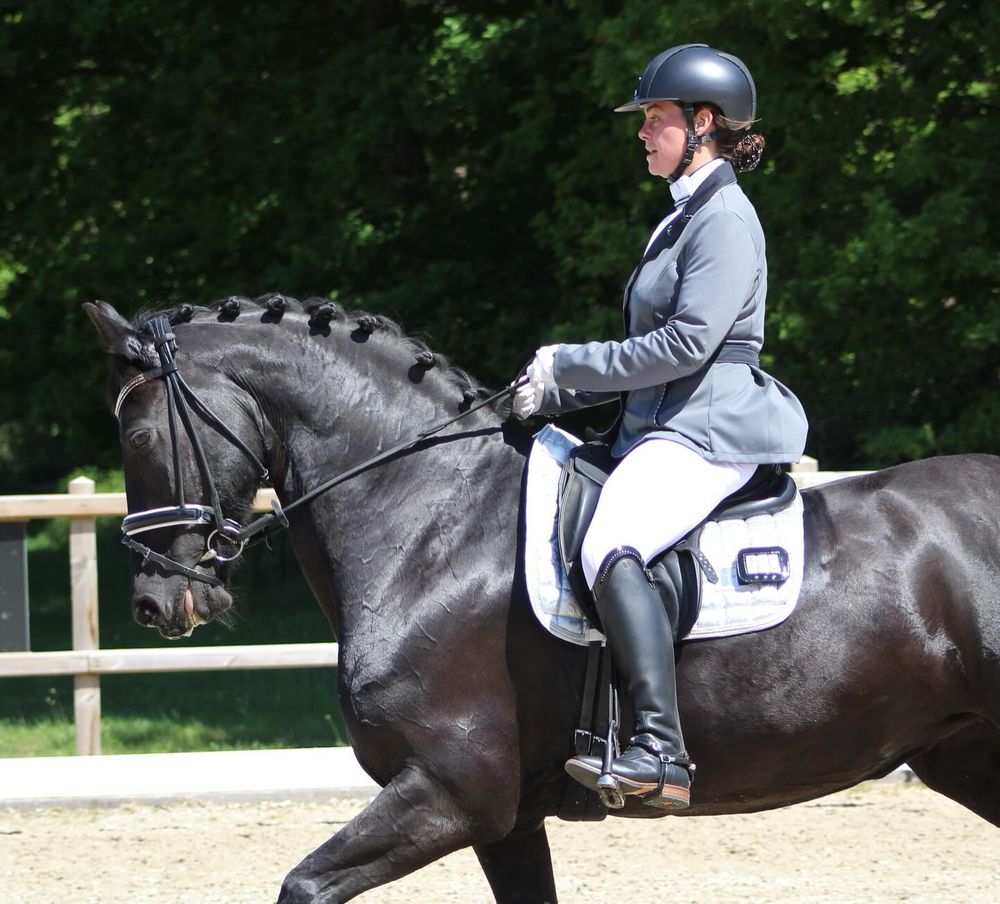 Jonge vrouw met grijze kleren rijd op zwart paard, op wedstrijd.