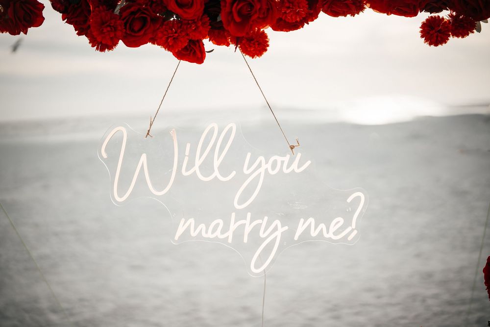 Neon "Will you marry me?" sign hanging with red roses against ocean backdrop.