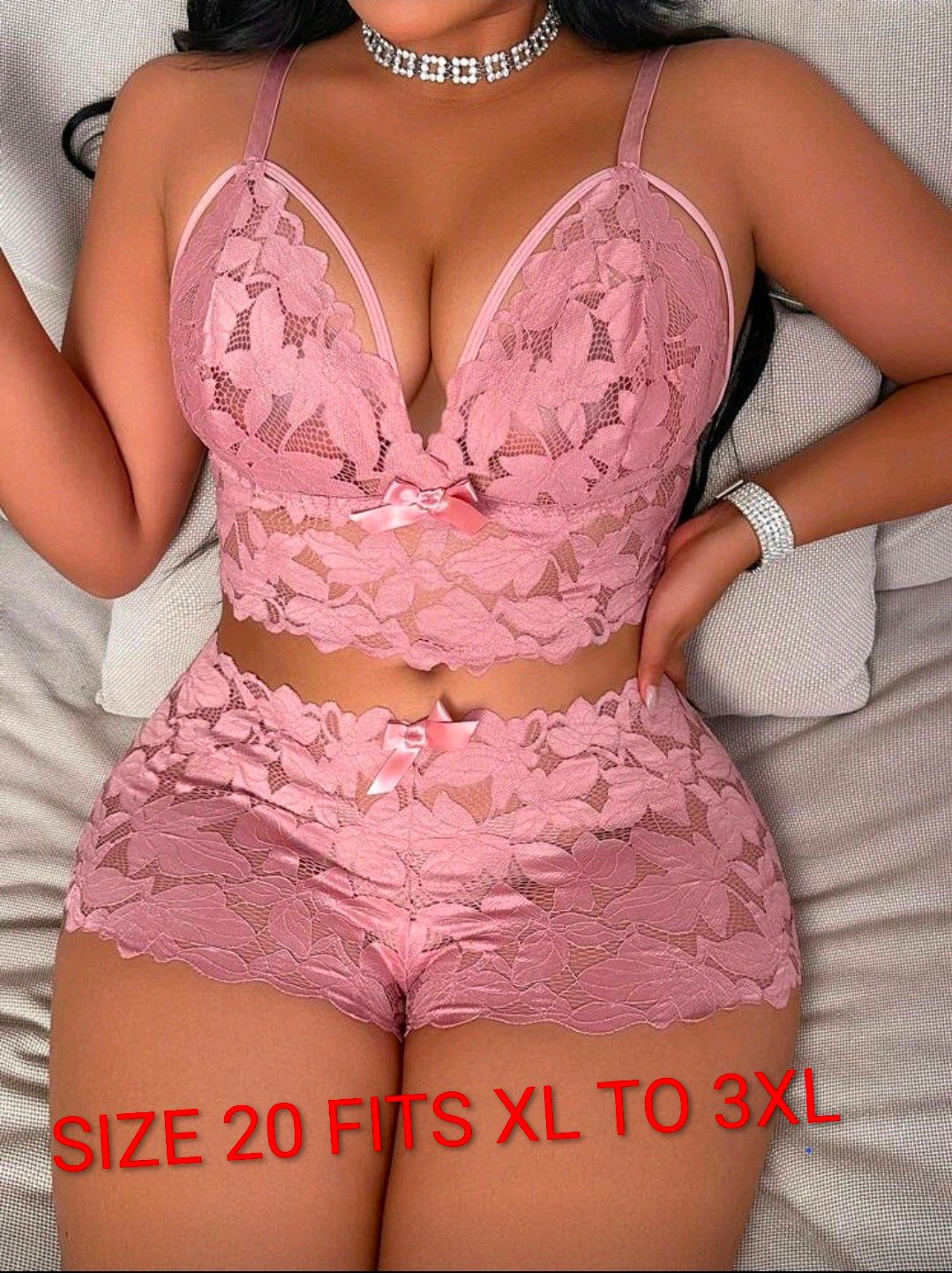 Pink lace lingerie set bralette and shorts size 20 fits XL to 3XL displayed on model.