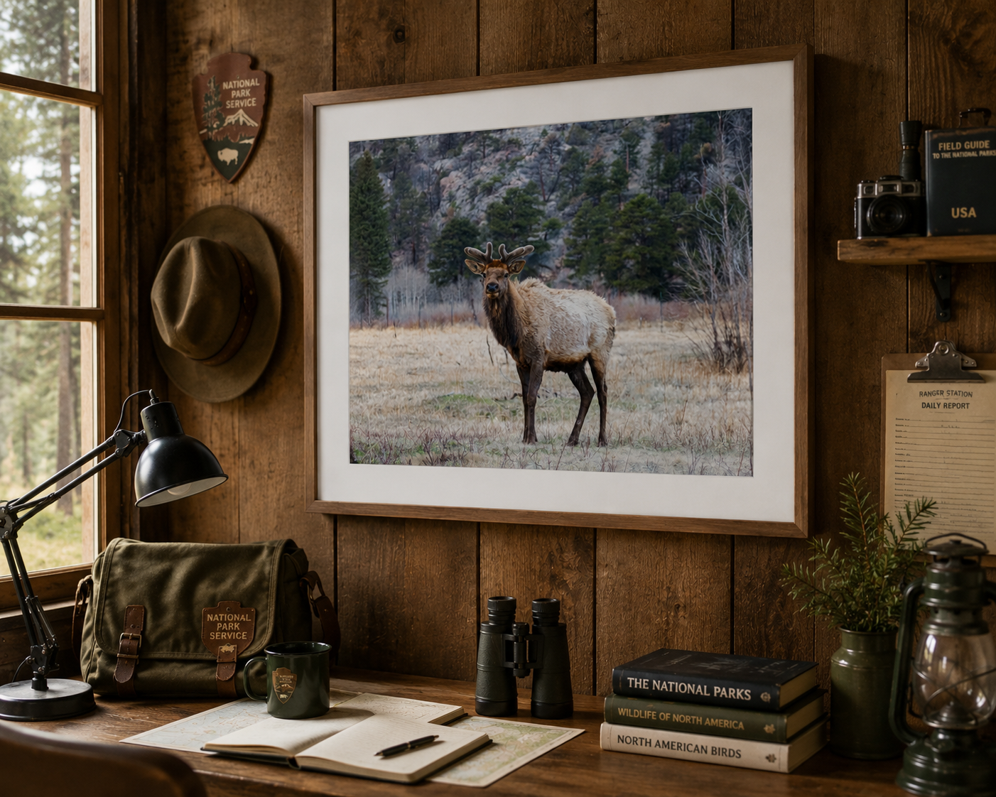 Framed elk photograph hanging above a rustic wooden desk with binoculars, books, and a vintage lamp in a cozy cabin office.