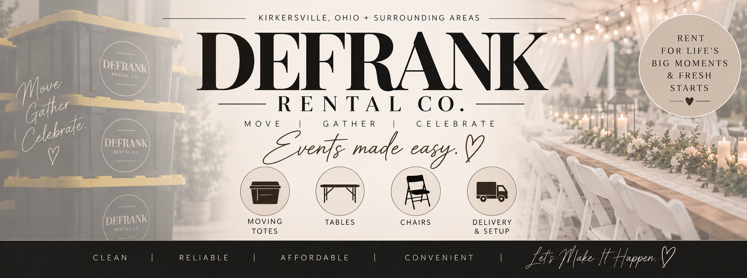DeFrank Rental Co. banner featuring event rental services in Kirkersville Ohio with text Events Made Easy.
