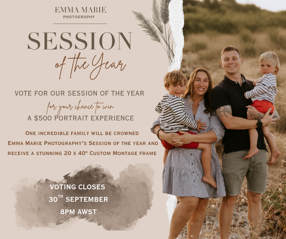 Emma Marie Photography Session of the Year contest promotional image featuring a smiling family of four on a beach.