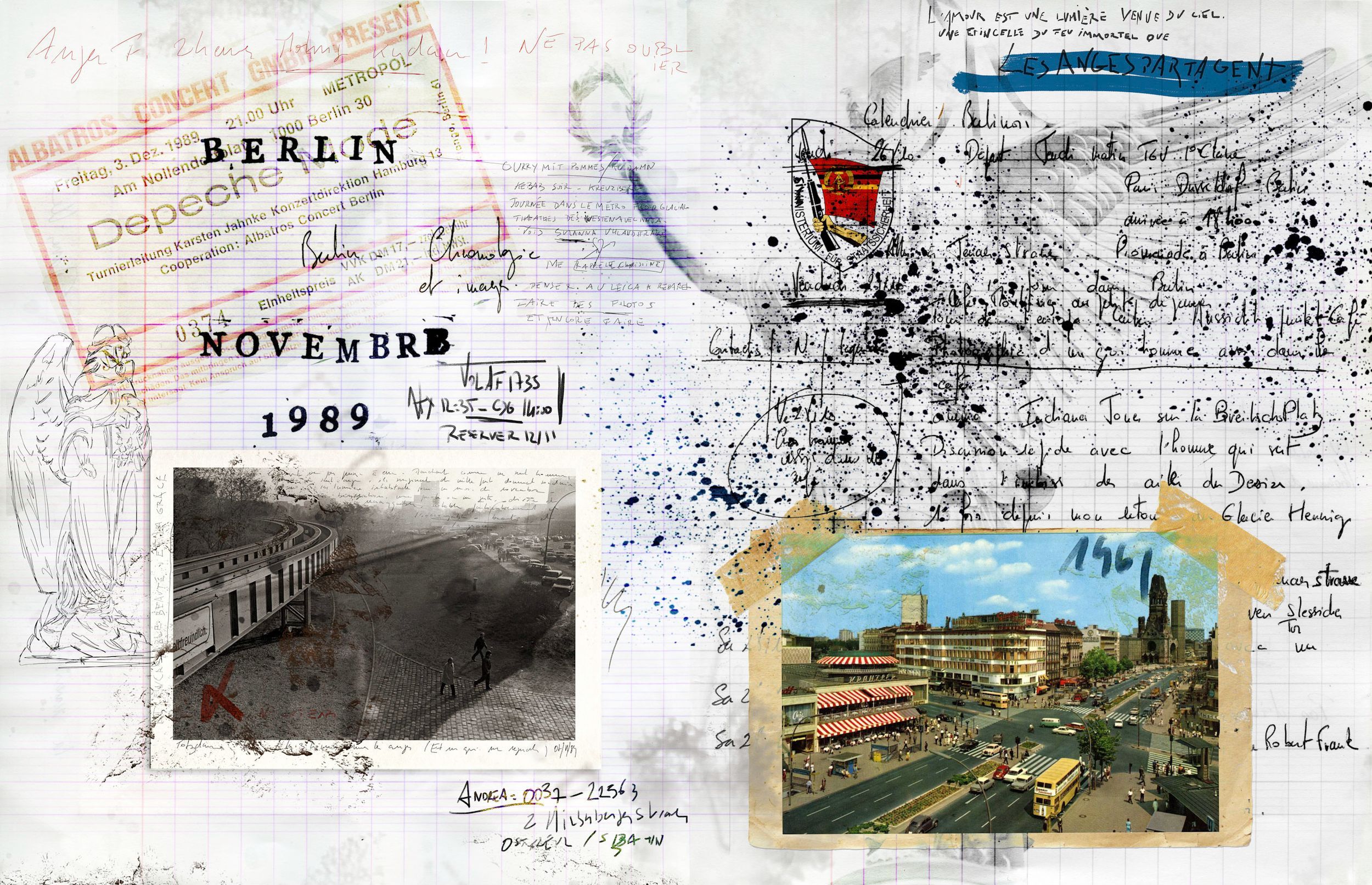 A collage featuring Berlin November 1989 memorabilia with vintage postcards, handwritten notes, and historic photographs.