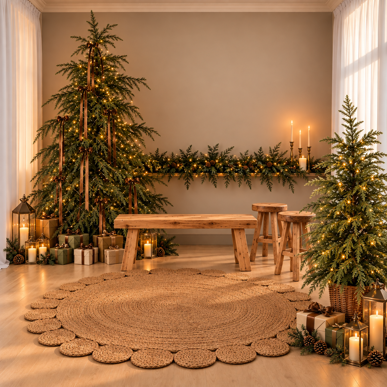 Cozy Christmas room with lit trees, wooden bench, jute rug, candles, and wrapped gifts in warm holiday decor.