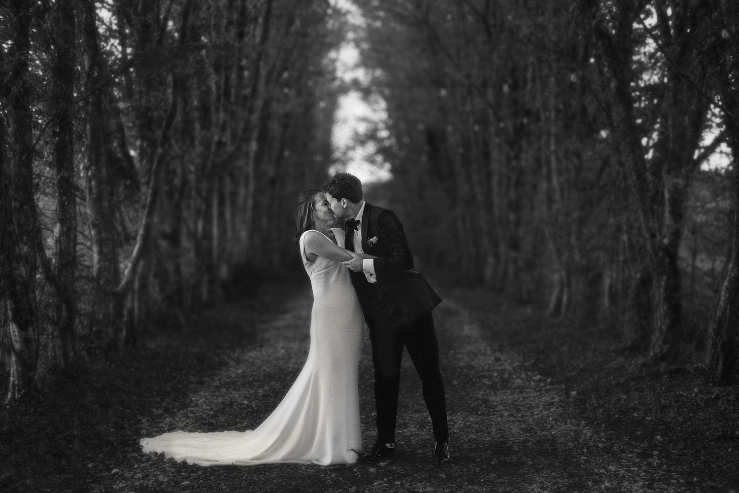 Beth and Matt kissing beneath the trees, with her wedding dress and veil spread behind her.
