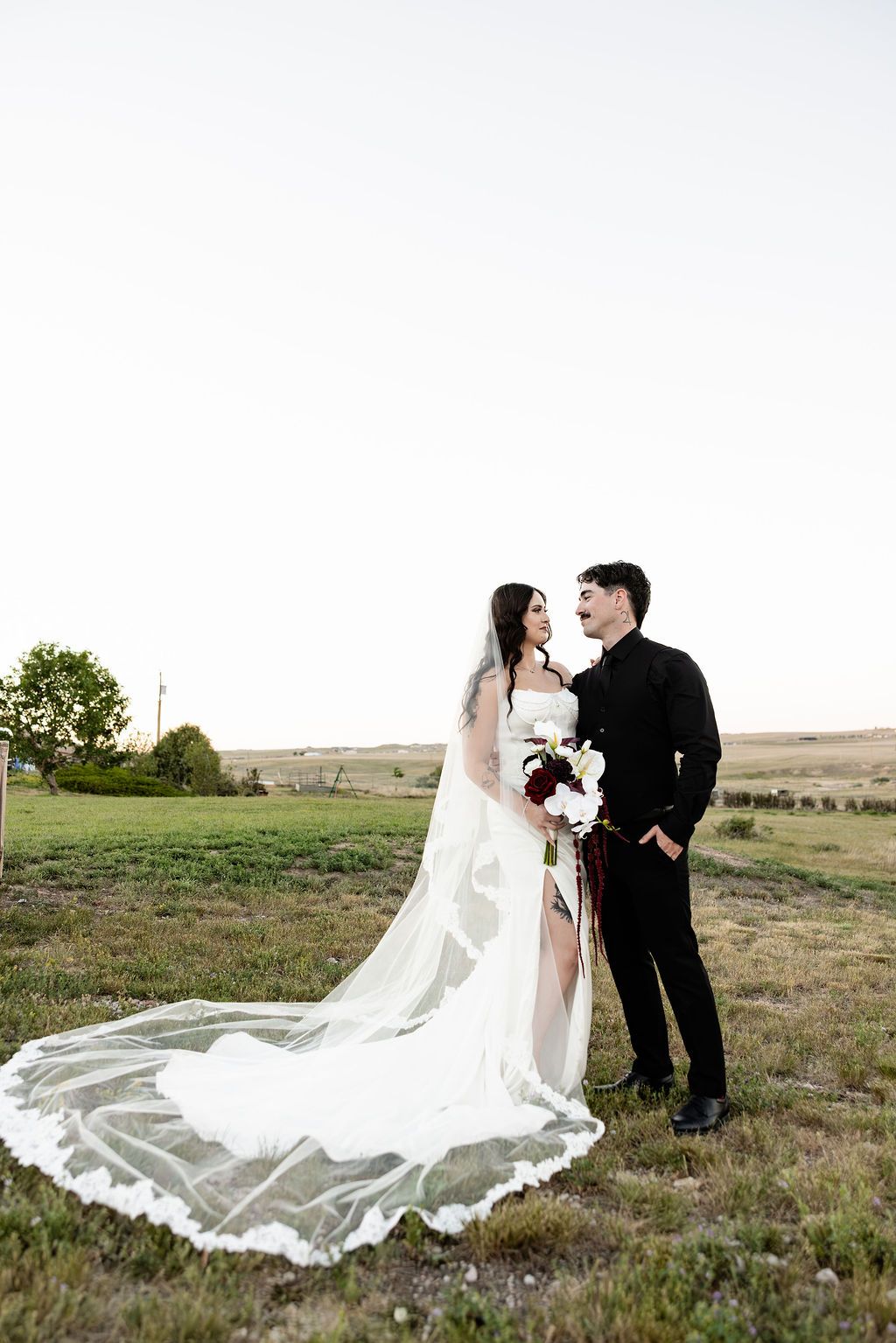 Bride in white gown with long veil and groom in black suit pose together in a scenic outdoor field.