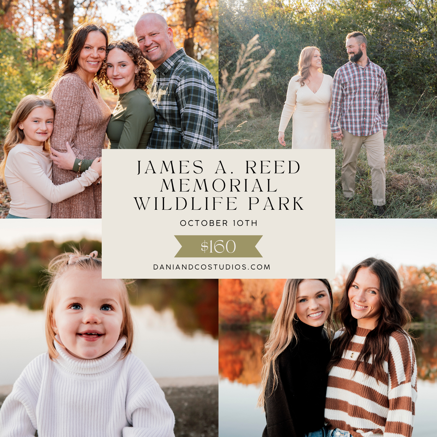 Family portrait mini session at James A. Reed Memorial Wildlife Park on October 10th, priced at $160, by Dani and Co Studios.