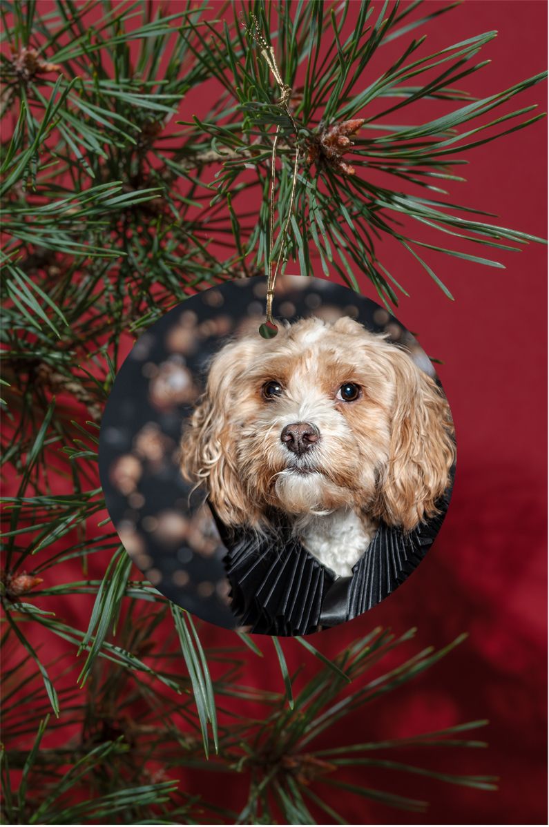 Sheet of 12 holiday gift tags featuring the word JOY in gold with a cute dog photo in the center of each tag.