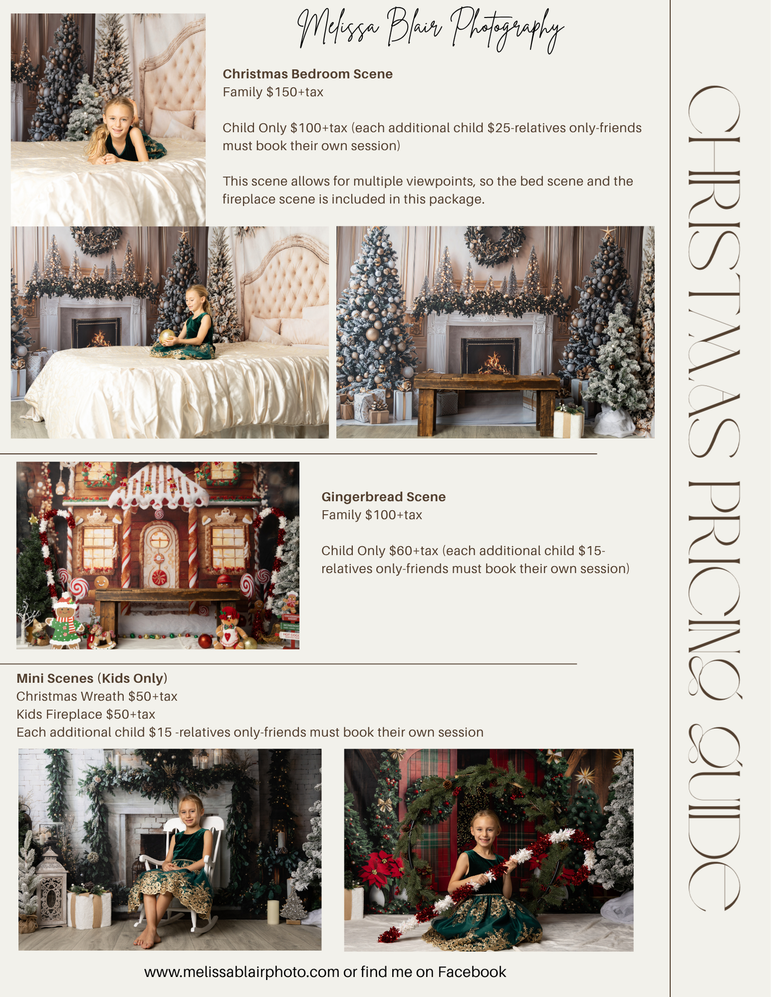 Christmas photography pricing guide from Melissa Blair Photography featuring holiday bedroom, gingerbread, and mini scene options.