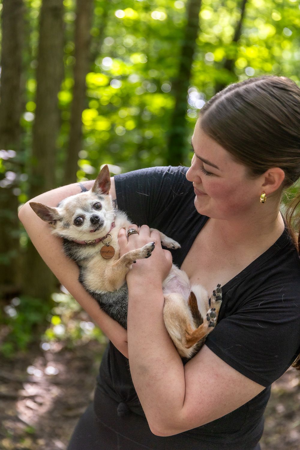 Person cuddling with a small chihuahua dog in a wooded setting.
