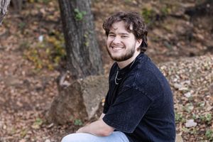 A series of casual outdoor portraits showing someone sitting and smiling in a natural wooded setting.