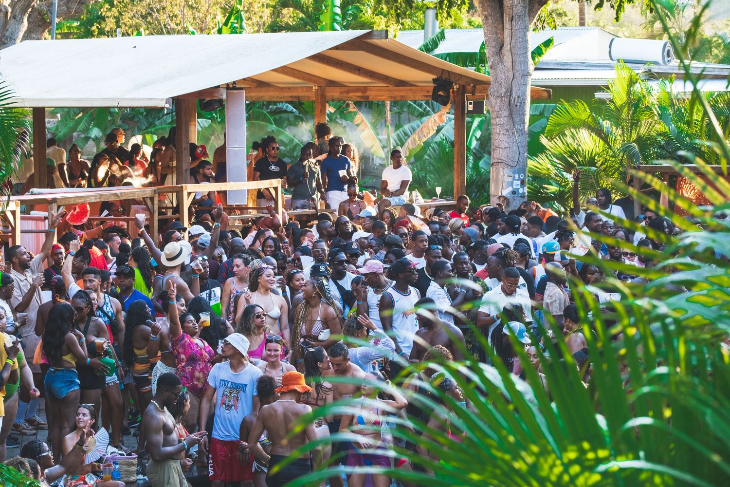 Large crowd enjoying an outdoor daytime party at a tropical venue with palm plants and covered wooden deck area.