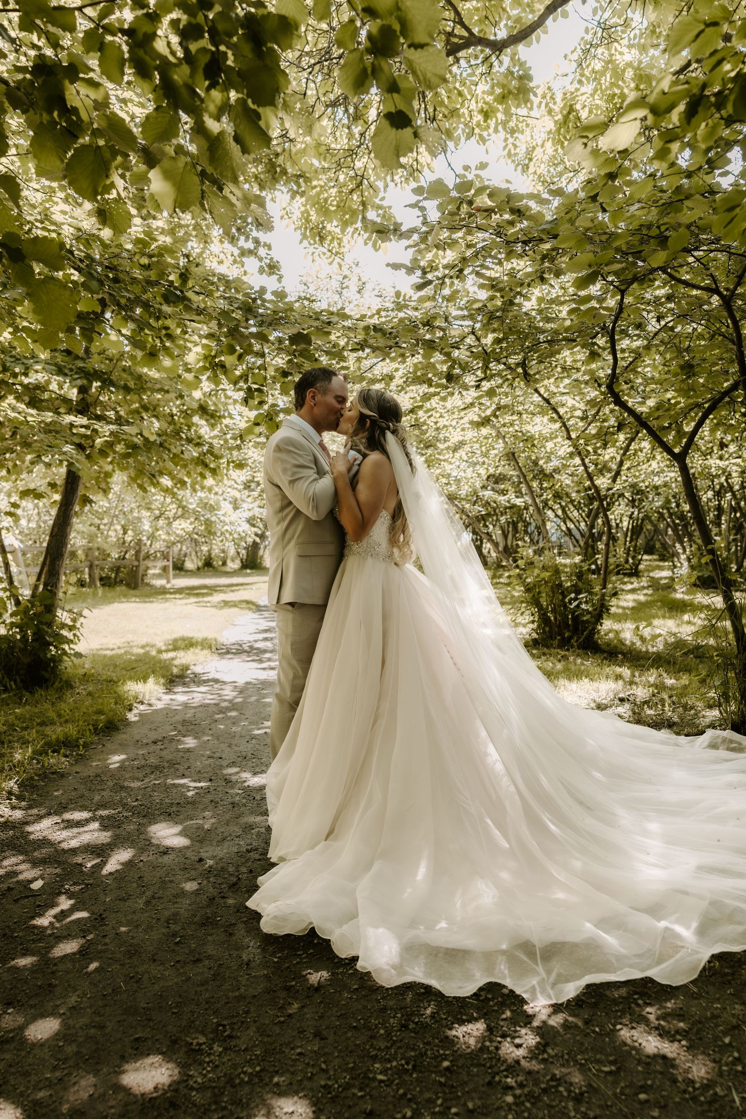 A romantic wedding couple embraces on a sunlit garden path beneath lush green trees and foliage.