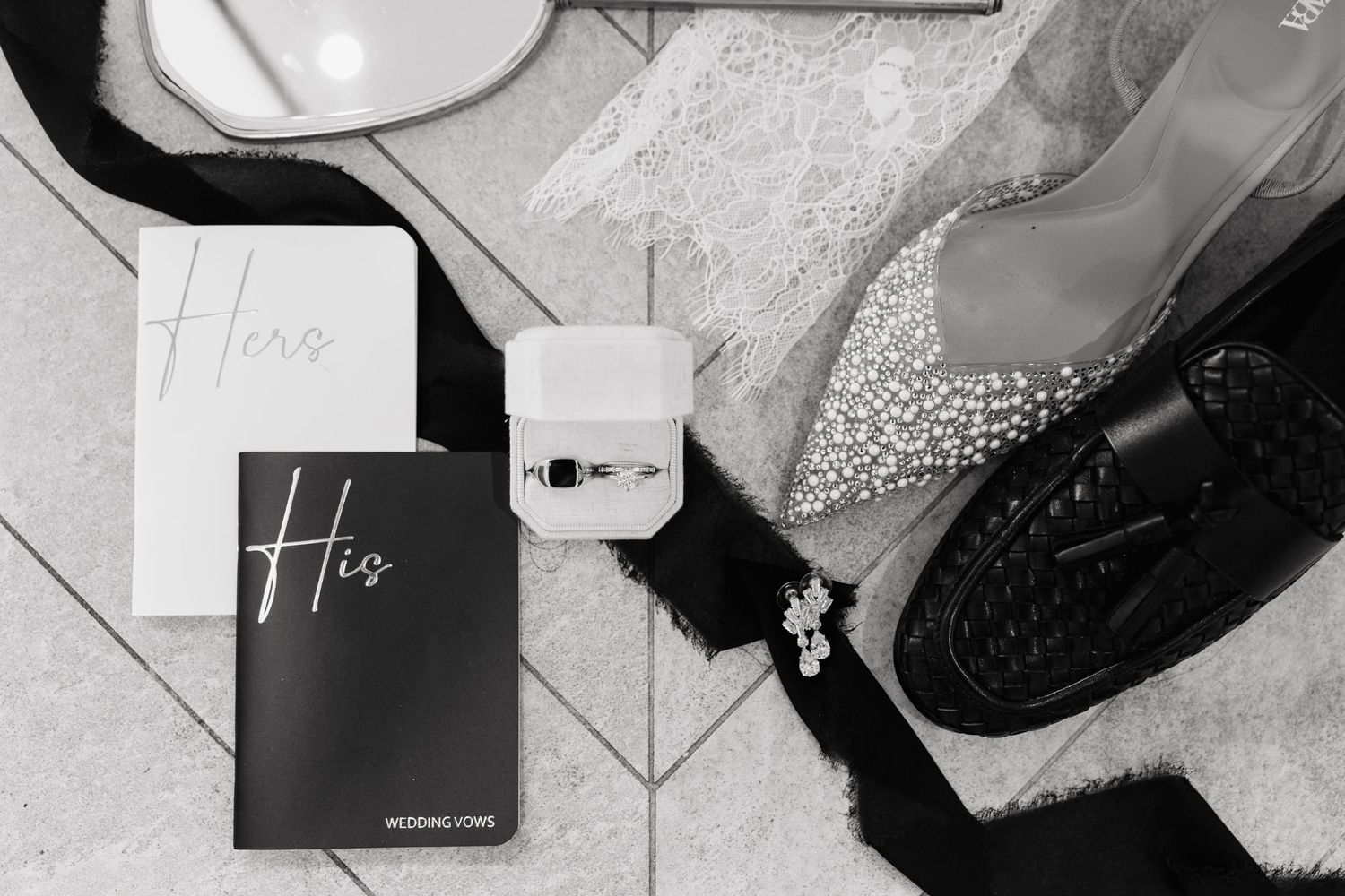 A collection of black and white product photos showing various retail items and packaging materials arranged in a grid.
