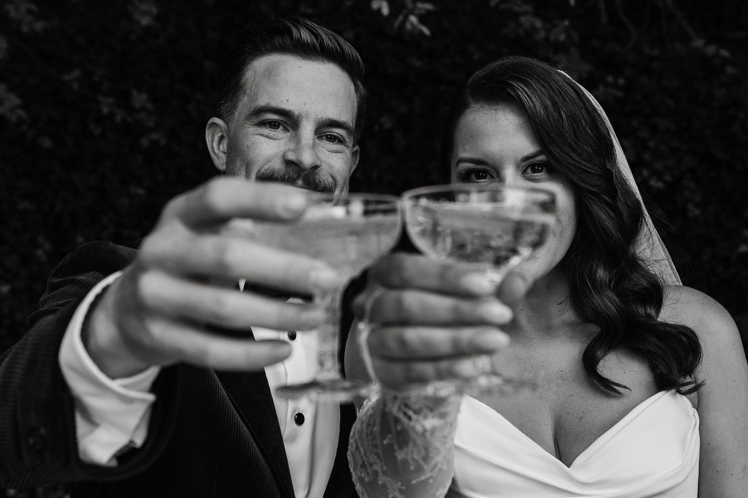A sequence of celebratory champagne toasts with glasses clinking together in black and white.