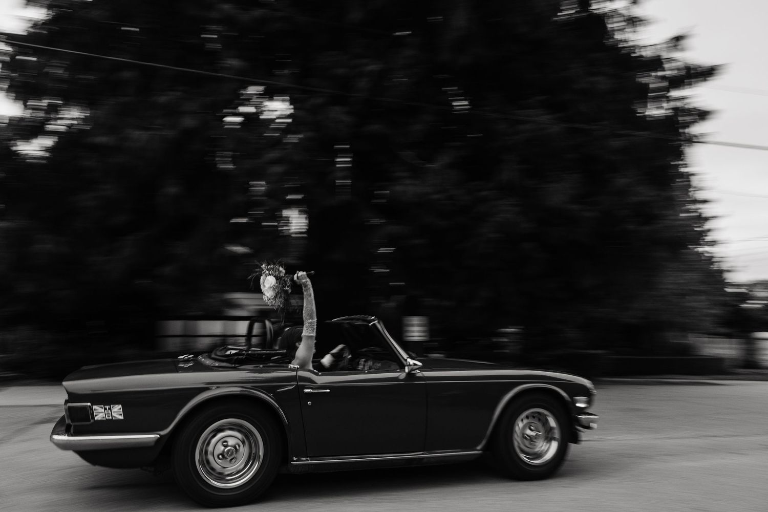 A black vintage convertible car drives past evergreen trees on a scenic road.