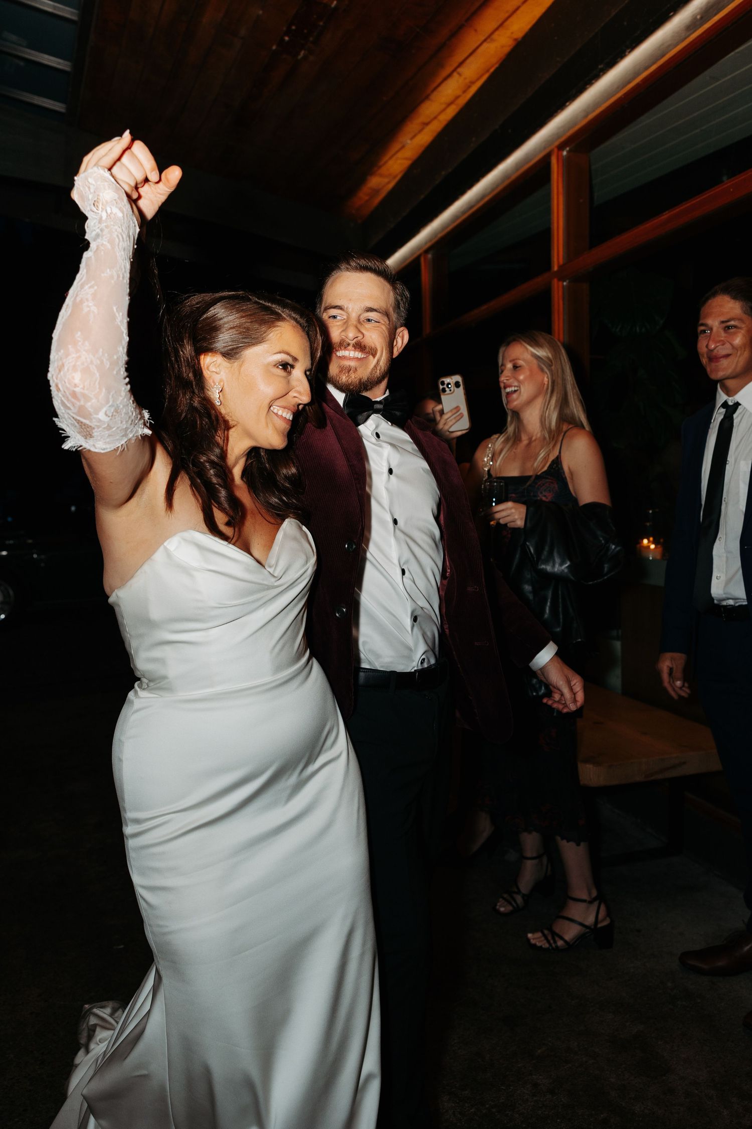 A sequence of photos shows a bride in a white dress dancing and celebrating at a wedding reception.