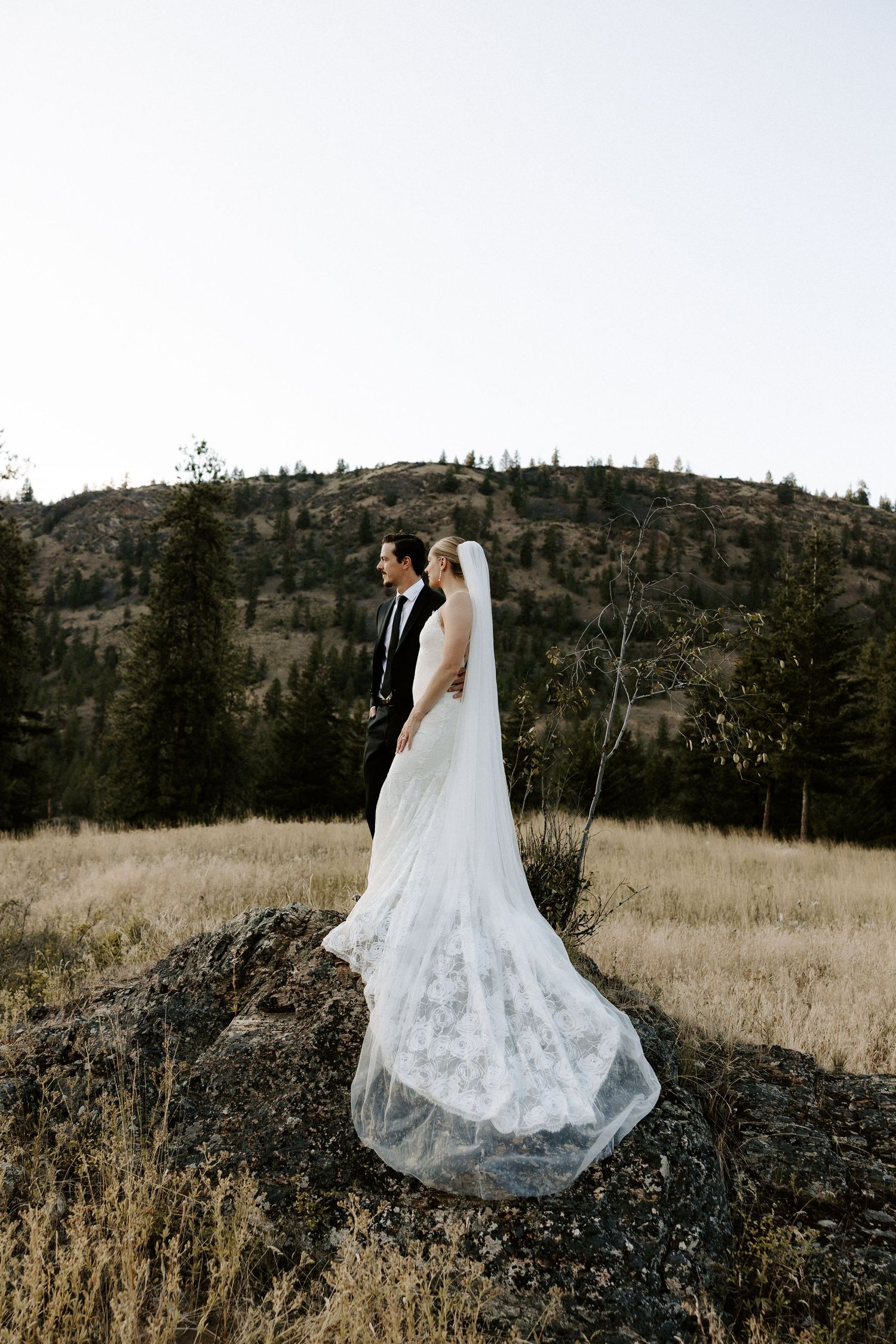 A wedding couple stands on a rocky hillside with mountains and dry grass in the scenic wilderness background.