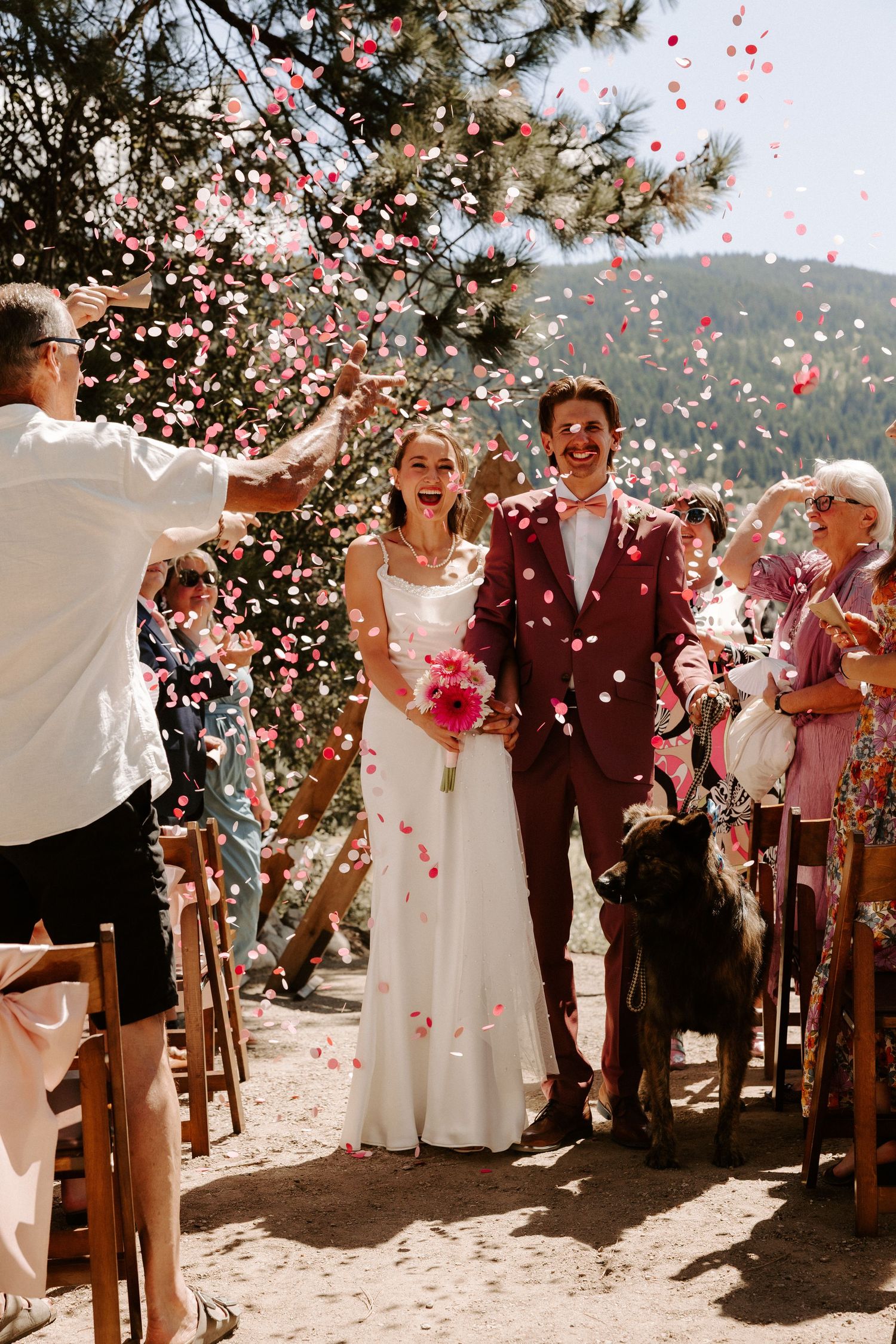 Joyful wedding ceremony celebration with rose petals being tossed in sunlit outdoor setting beneath trees.