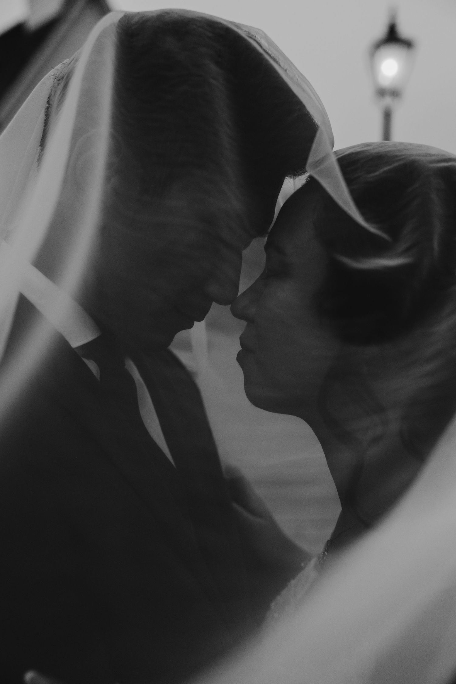 Romantic black and white silhouette of couple under wedding veil.