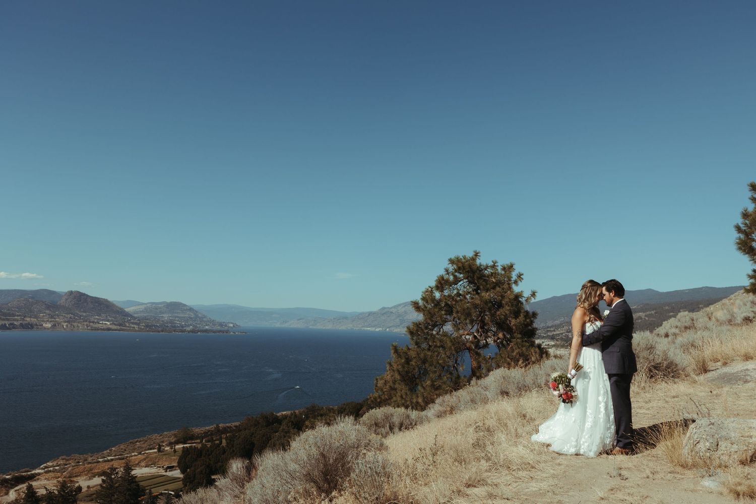 Wedding couple stands on cliff overlooking mountain lake landscape.