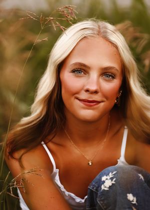Young blonde woman with blue eyes wearing a white top and gold necklace, posing outdoors among tall golden grasses.