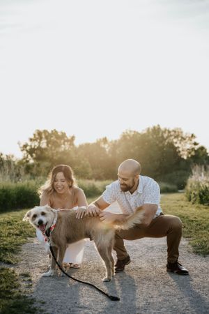 A happy couple playing with their brown dog on a sunny path surrounded by greenery.