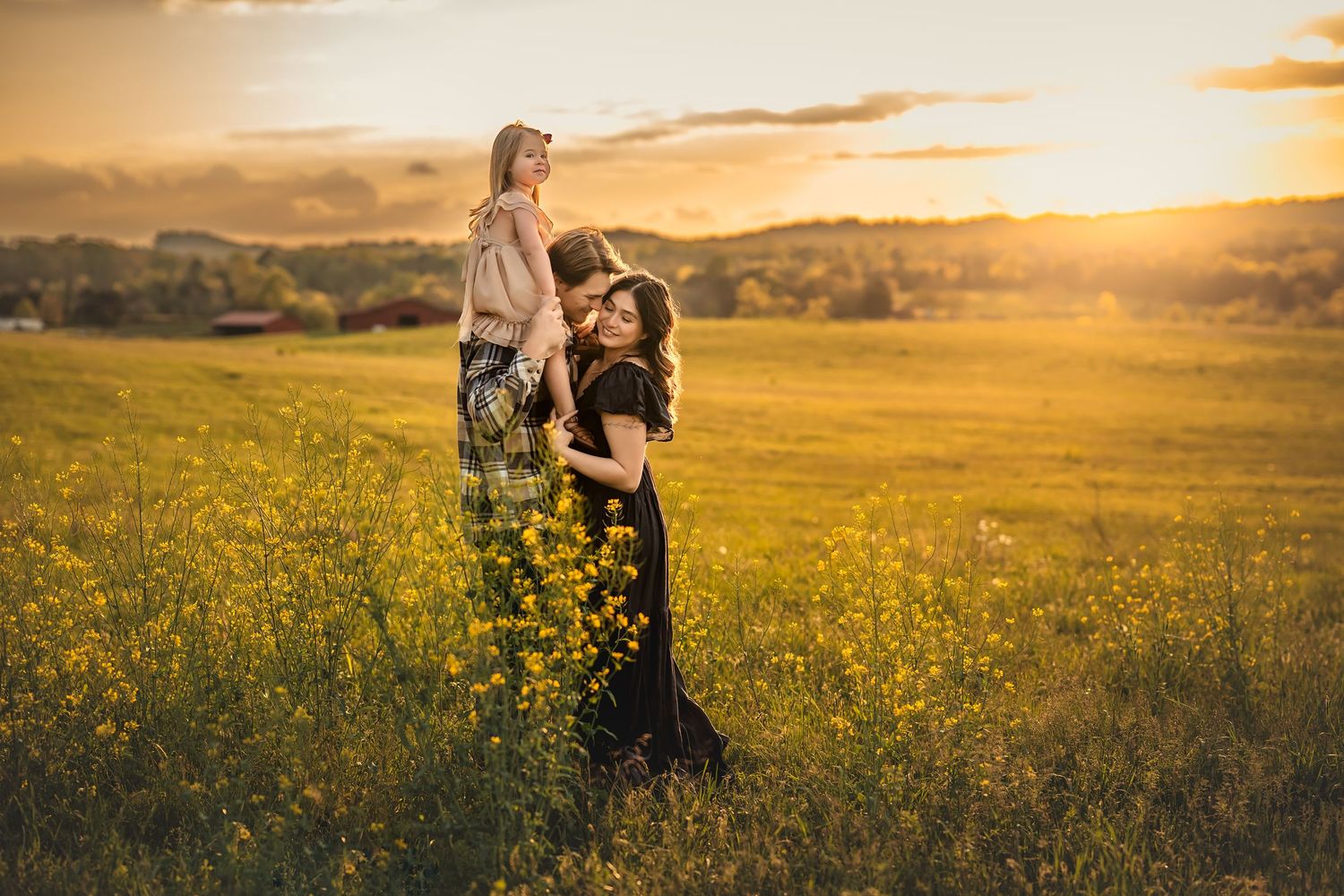Mom and dad embrace while toddler sits on Dad's shoulders in a golden wildflower meadow during sunset.