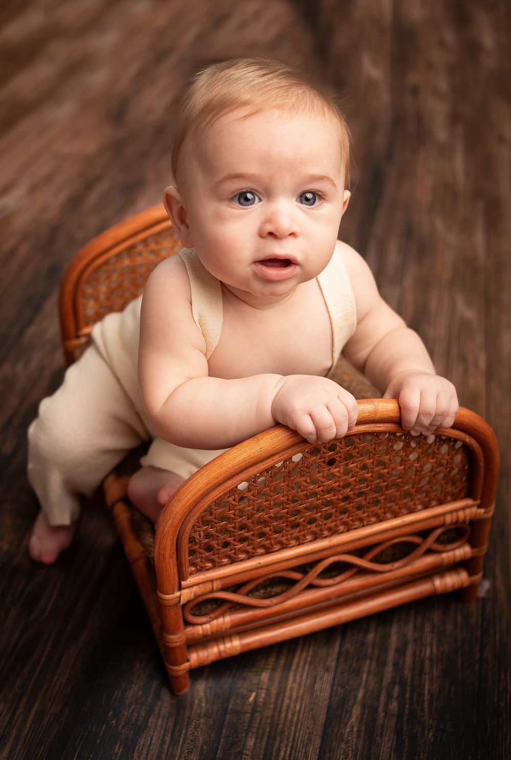 Baby milestone portrait photographed in a Central Louisiana studio.
