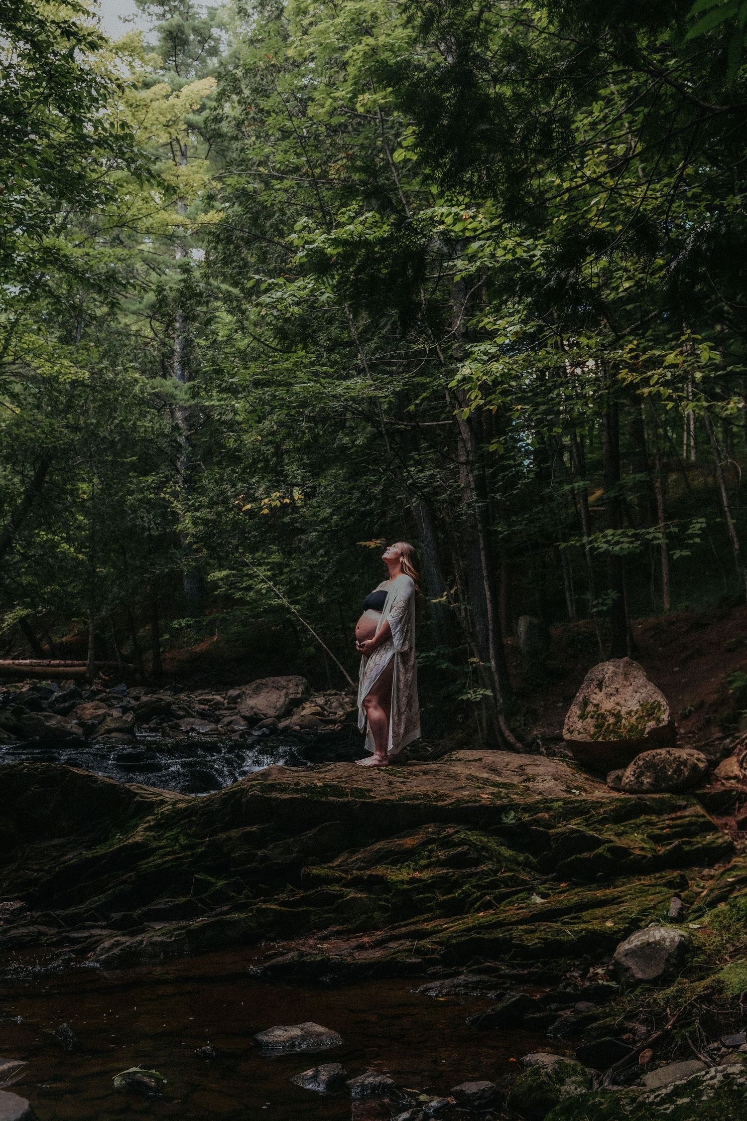 A person stands on a mossy boulder beside a forest stream in dappled sunlight.