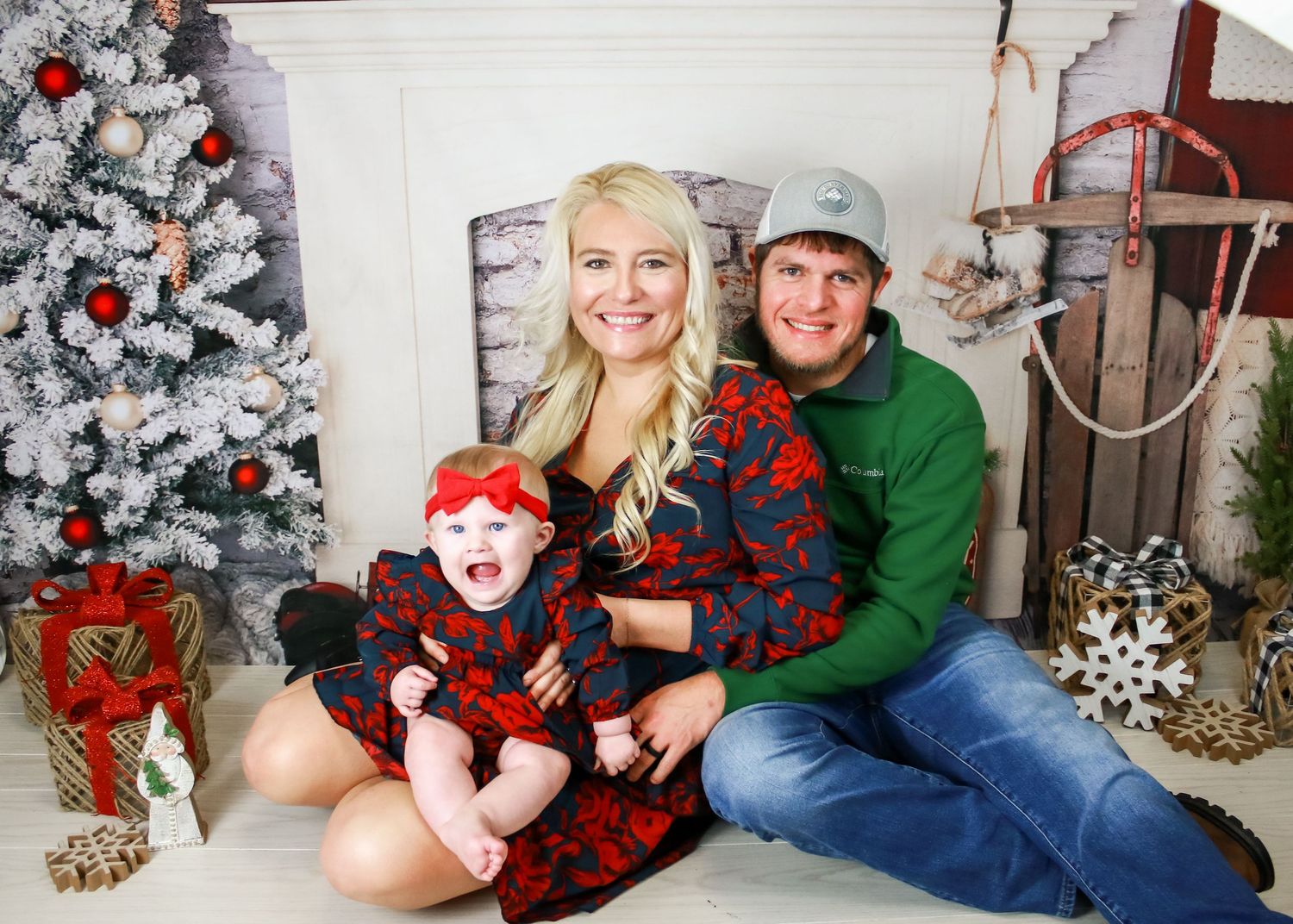 Family Christmas portraits with festive decorations and wrapped presents in background.