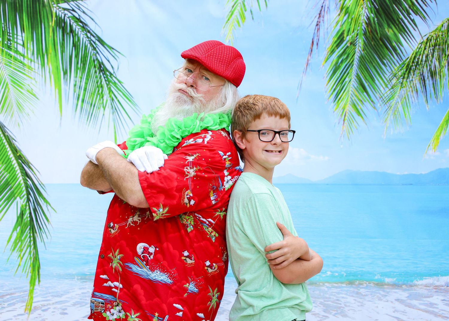 A festive beach-themed portrait with palm trees and ocean backdrop.
